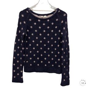 Anthropologie Moth Size M Fuzzy Sweater Polka Dot Navy Light Pink Eyelash Wool B